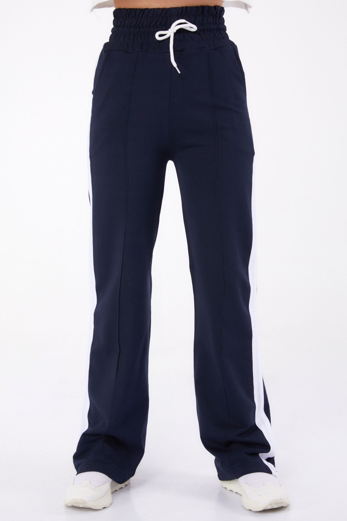 TOFİSA-Straight Medium Women's Navy Blue Striped Trousers - 26249 3