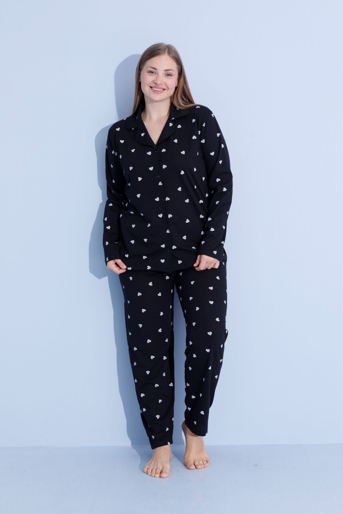 pijamacity Büyük Beden Kadın Uzun Kollu Pamuklu Önden Düğmeli Pijama Takımı görsel 4