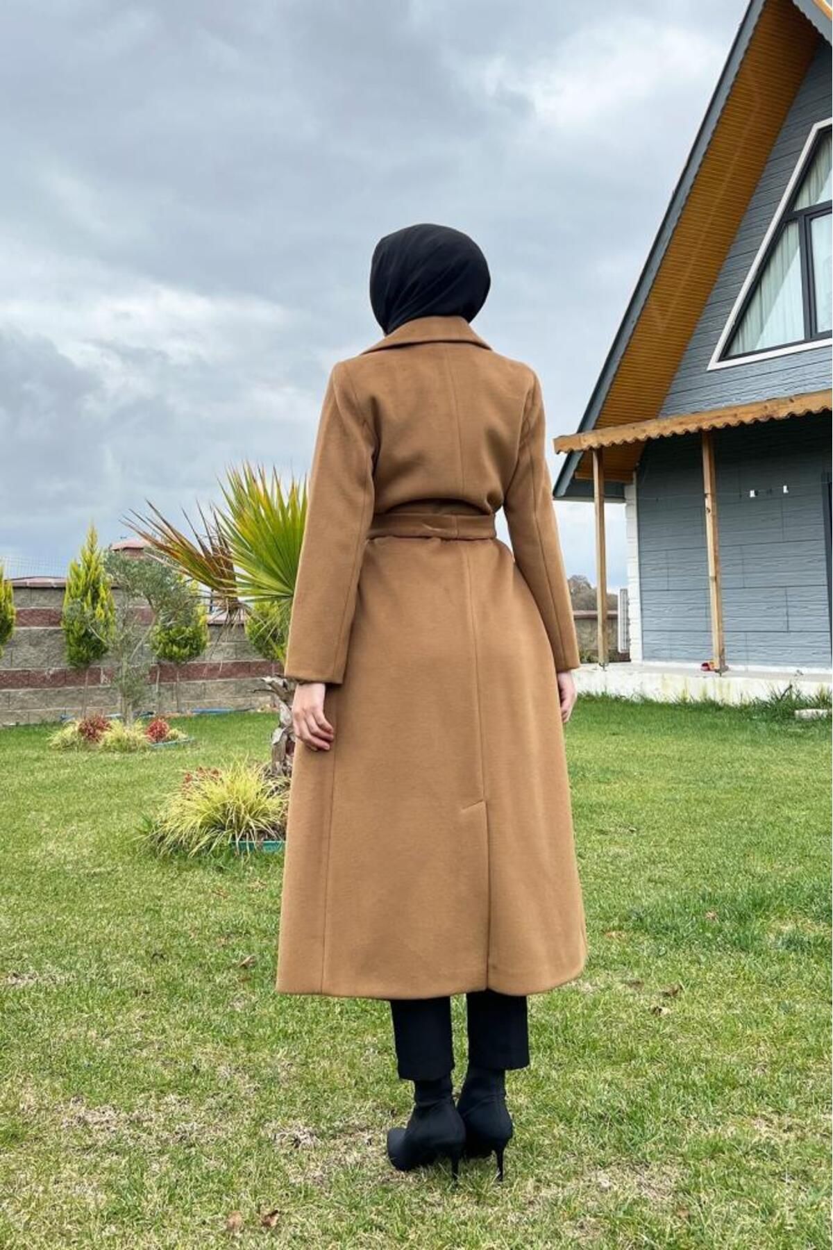 Lamia Giyim-Thick Hijab Stamp Coat - Jacket Collar and Belted, Camel 5