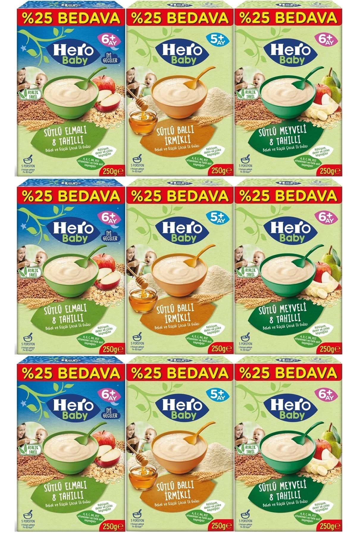 Hero Baby Kaşık Maması 250GR (Karma 9 Lu Set) Sütlü Meyveli - Elmalı 8 Tahıllı - Ballı İrmikli