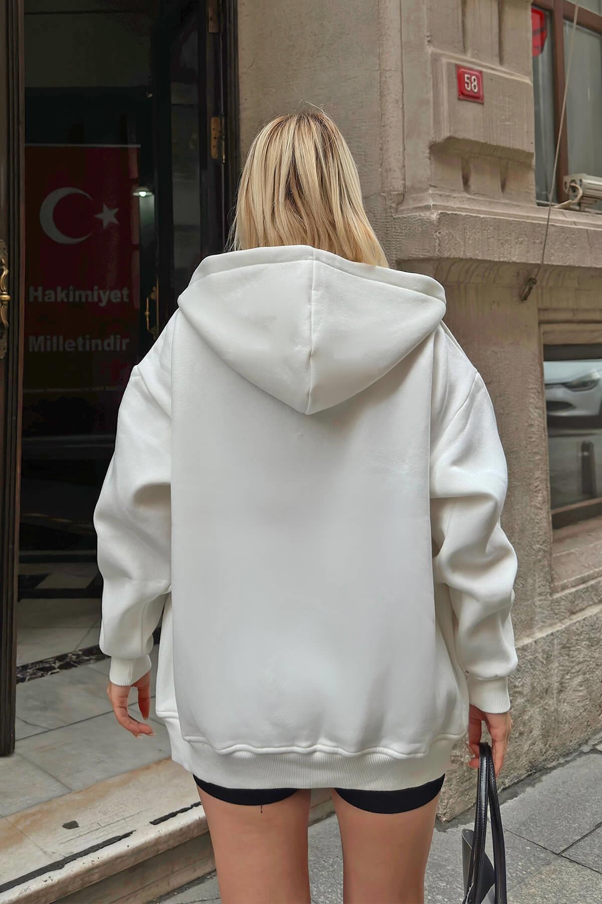 Swist Beyaz Lena Fermuarlı Kapüşonlu Cepli İçi Polarlı Oversize Kadın Sweatshirt görsel 5