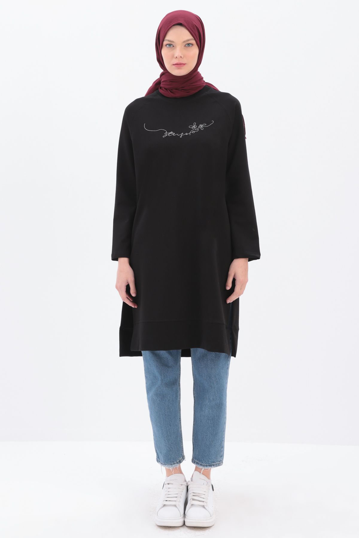 ALLDAY-Black Chain Embroidered Side Slit Tunic 2