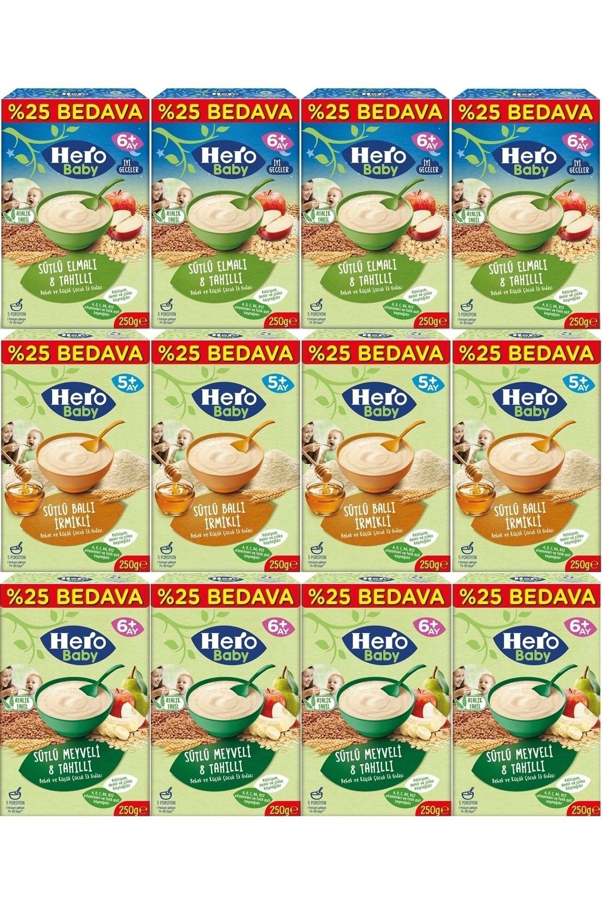 Hero Baby Kaşık Maması 250GR (Karma 12 Li Set) Sütlü Meyveli - Elmalı 8 Tahıllı - Ballı İrmikli