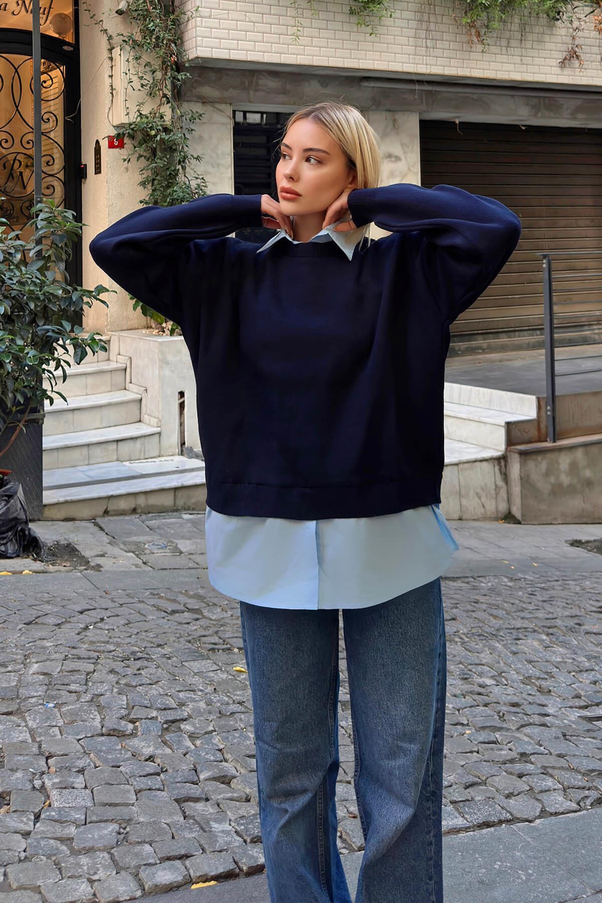 Swist  Lacivert Gömlek Garnili Basic Örgü Kadın Triko Kazak - Görsel 3