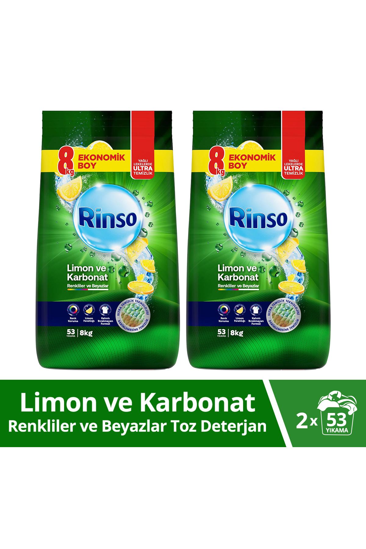 Rinso Toz Çamaşır Deterjanı Renkliler Ve Beyazlar Için Limon Ve Karbonat 8 Kg X2