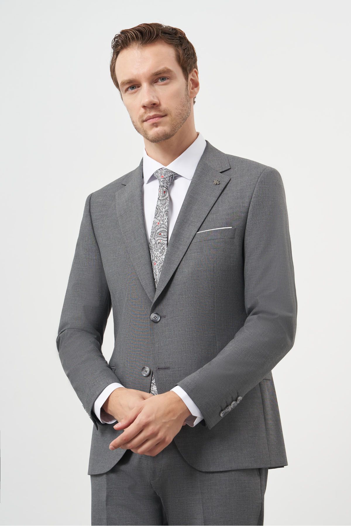 costume slim à col mono en laine grise pour hommes