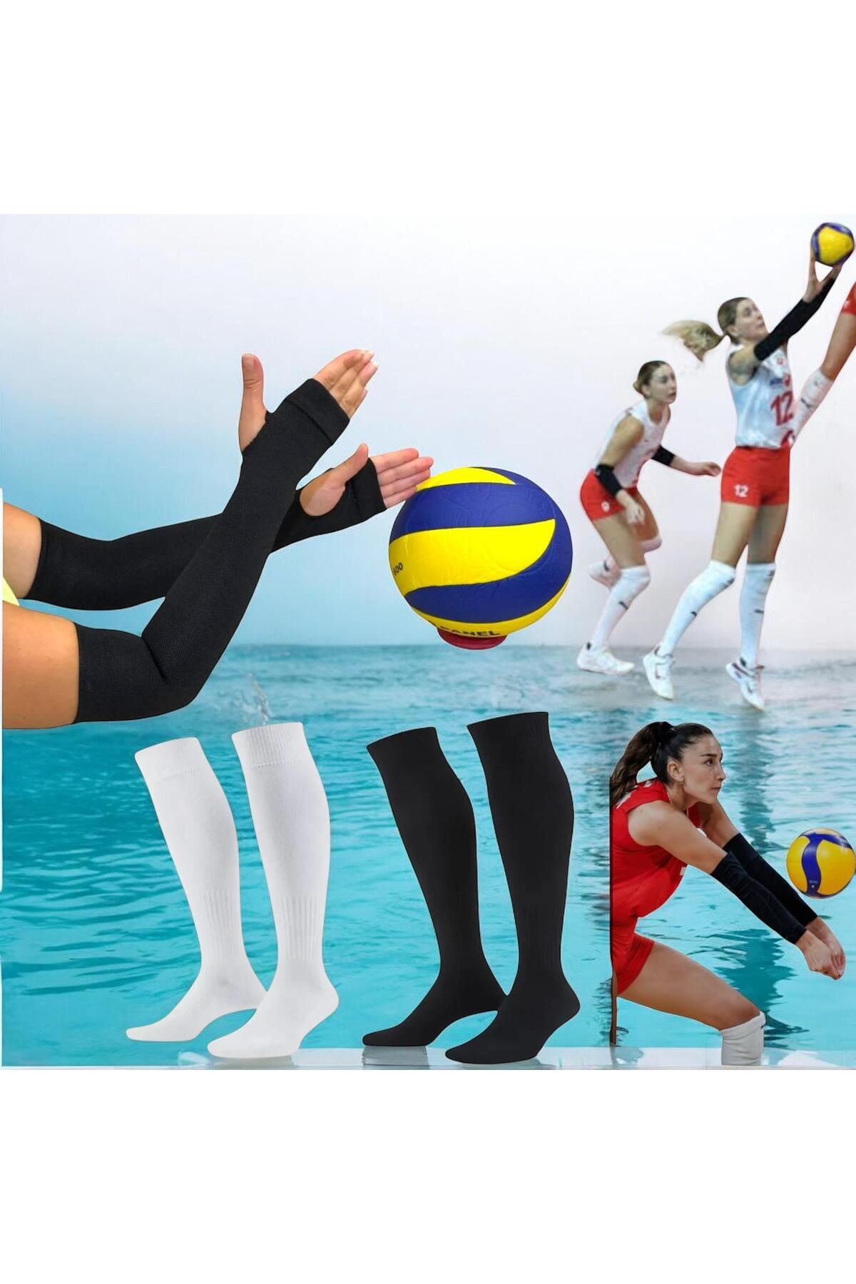 Gök Sports Yetişkin Voleybol Elliği 1 Çift Sporcu Elliği Voleybol Kolluğu Likralı 2 Çift Siyah Beyaz Çorap