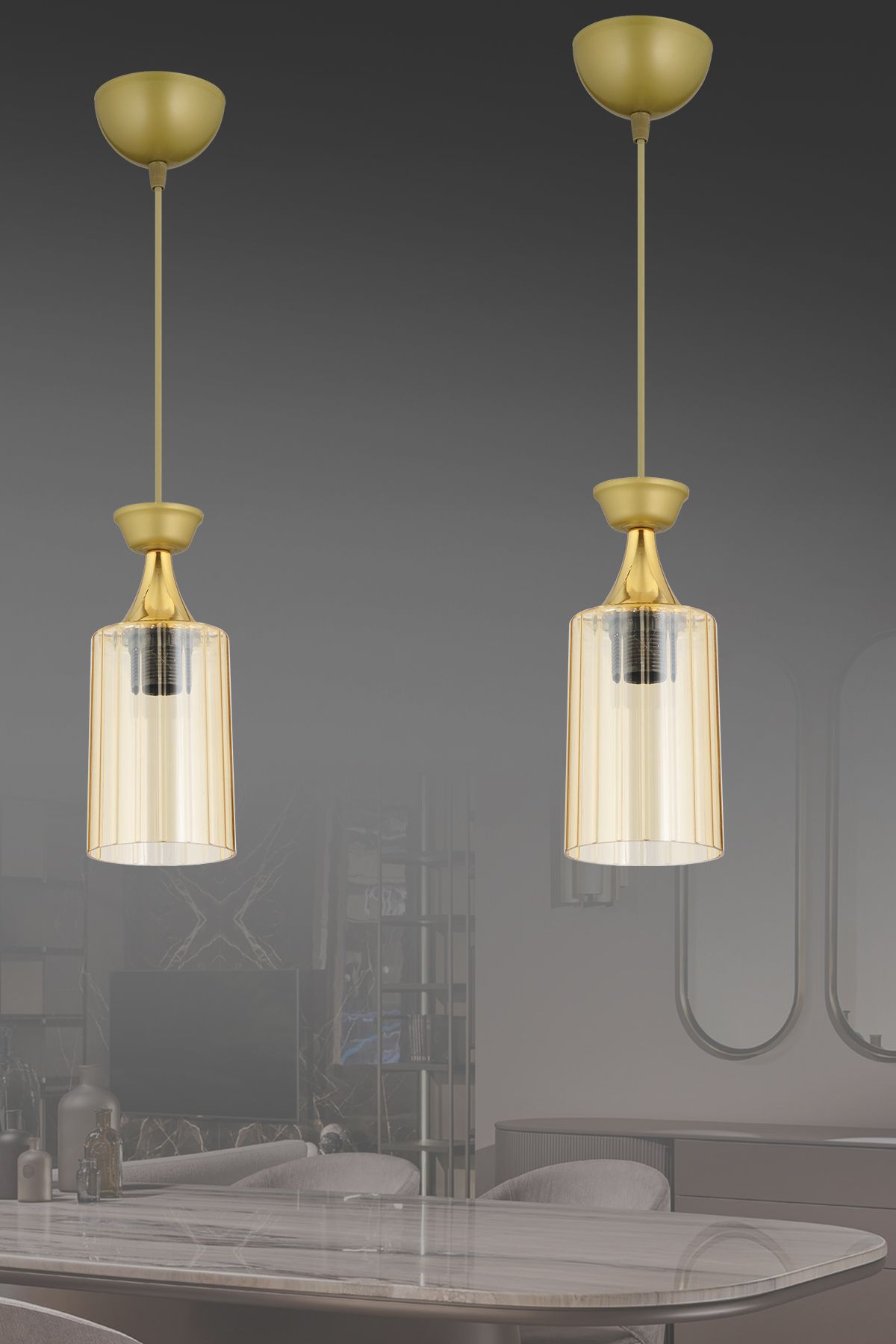 SONSUZ AYDINLATMA&AVİZE-Single Pendant Lamp Antiqued Mica Honey Glass Luxury Modern Downward Facing Chandelier 1