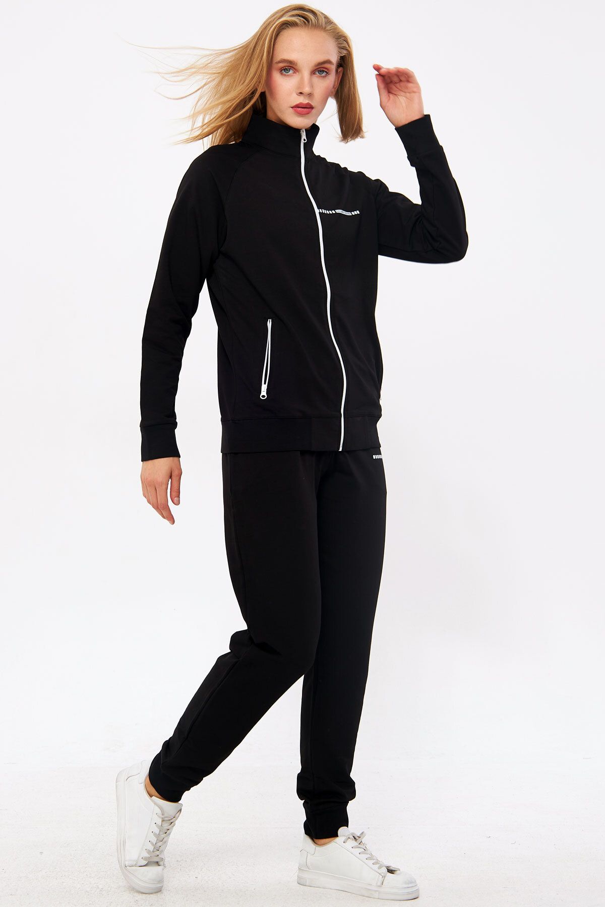 TRENDHİLL-Black Women's Half Turtleneck Ribbed Leg Neck Zippered Two Thread Tracksuit Set Edy5532S 6