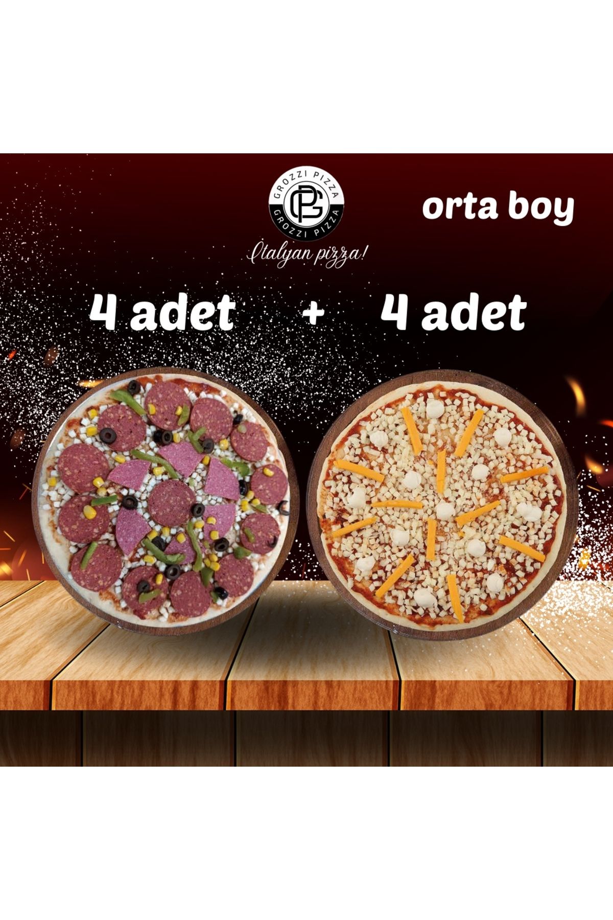 GROZZI ÜÇ PEYNİRLİ PİZZA 4 ADET 1380 GRAM VE KARIŞIK PİZZA 4 ADET 1540 GRAM