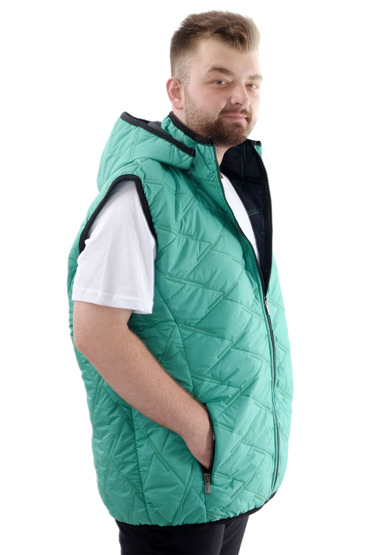ModeXL Mode XL Büyük Beden Erkek Fermuarlı Kapüşonlu Şişme Yelek U24705 Yeşil görsel 2