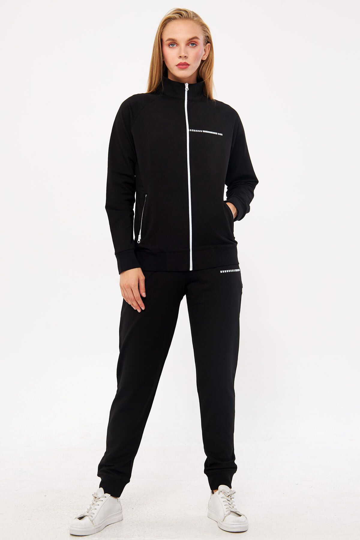 TRENDHİLL-Black Women's Half Turtleneck Ribbed Leg Neck Zippered Two Thread Tracksuit Set Edy5532S 1