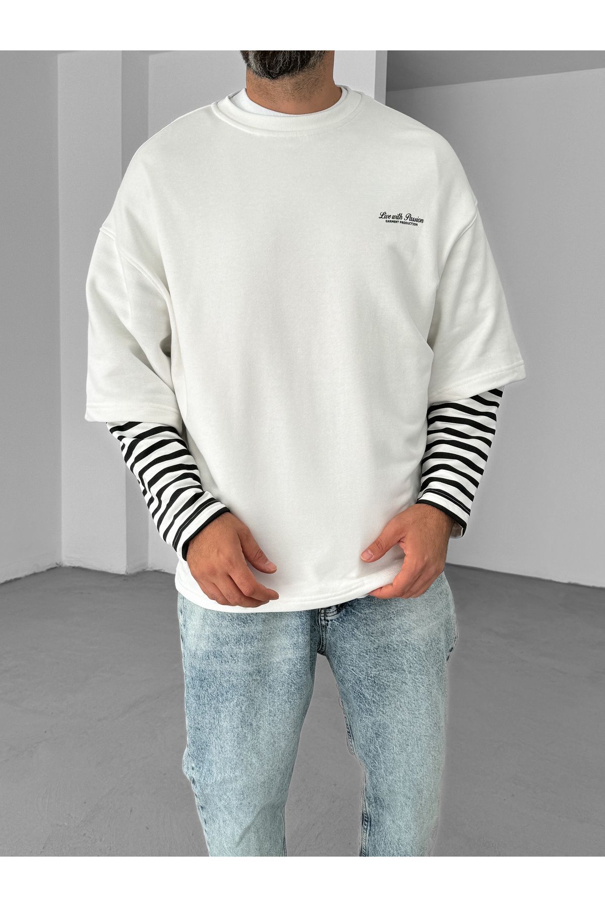 BYBASICMAN-White Sleeve Striped Piece Sweatshirt V-10-16 8