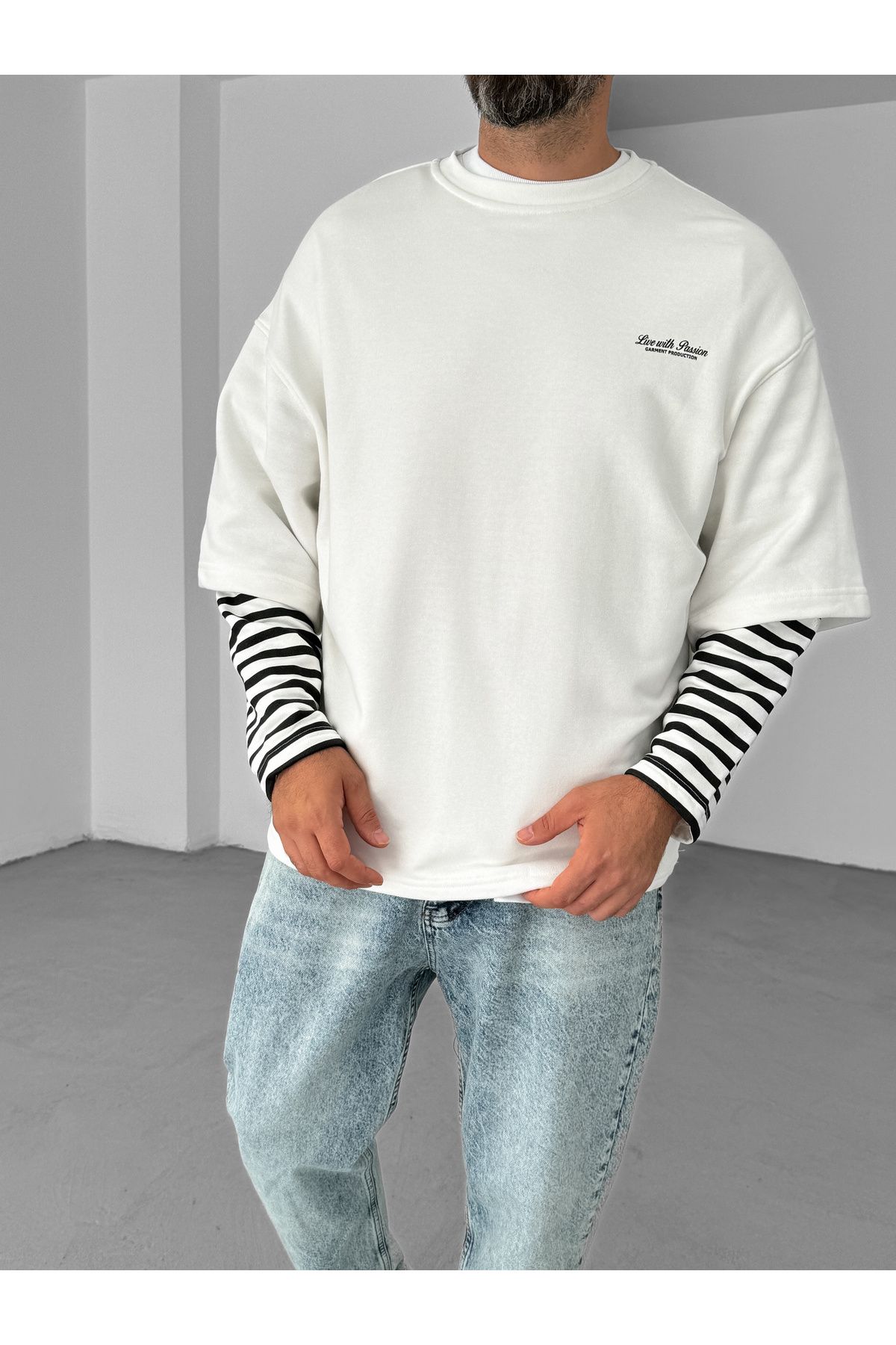 BYBASICMAN-White Sleeve Striped Piece Sweatshirt V-10-16 6