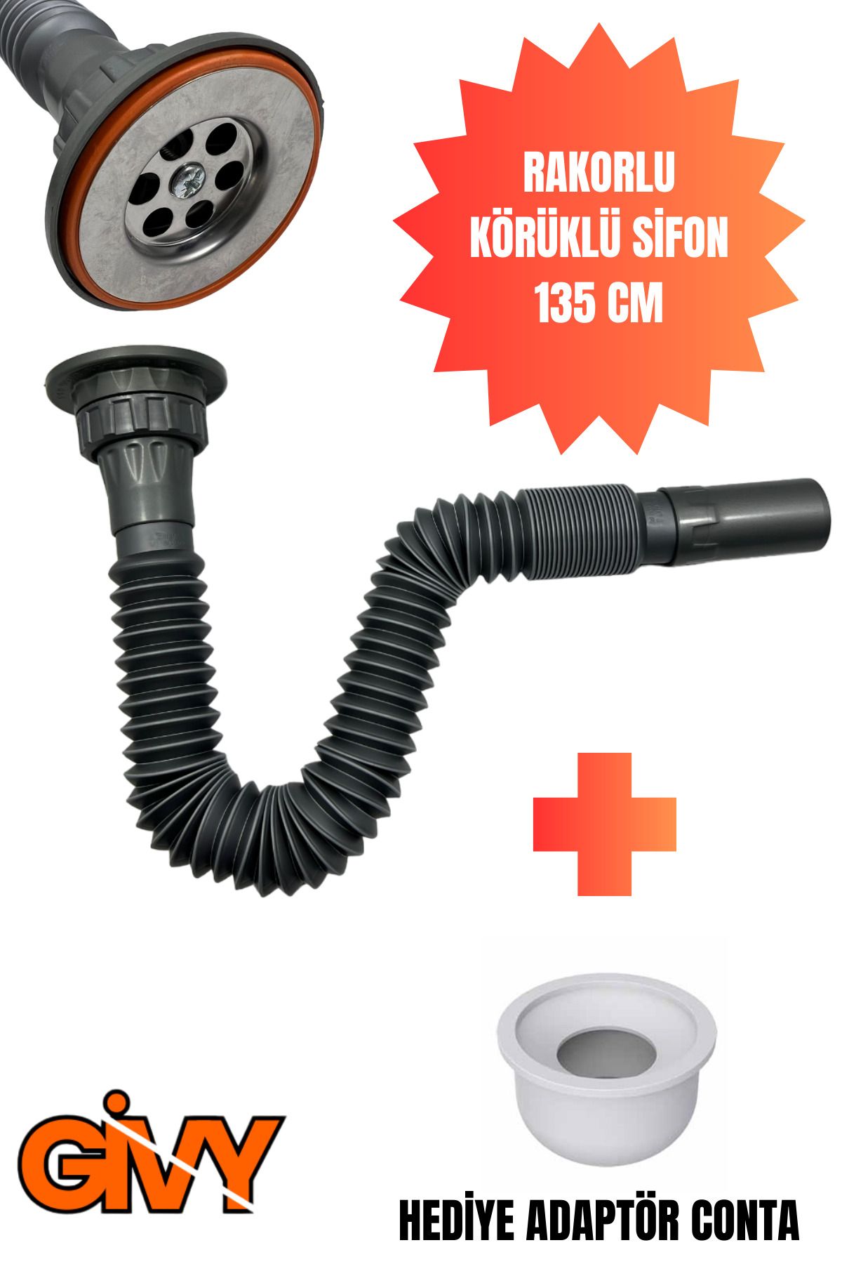 Gri Rakorlu Körüklü Sifon Uzun 135 cm Adaptör Contalı Aqua