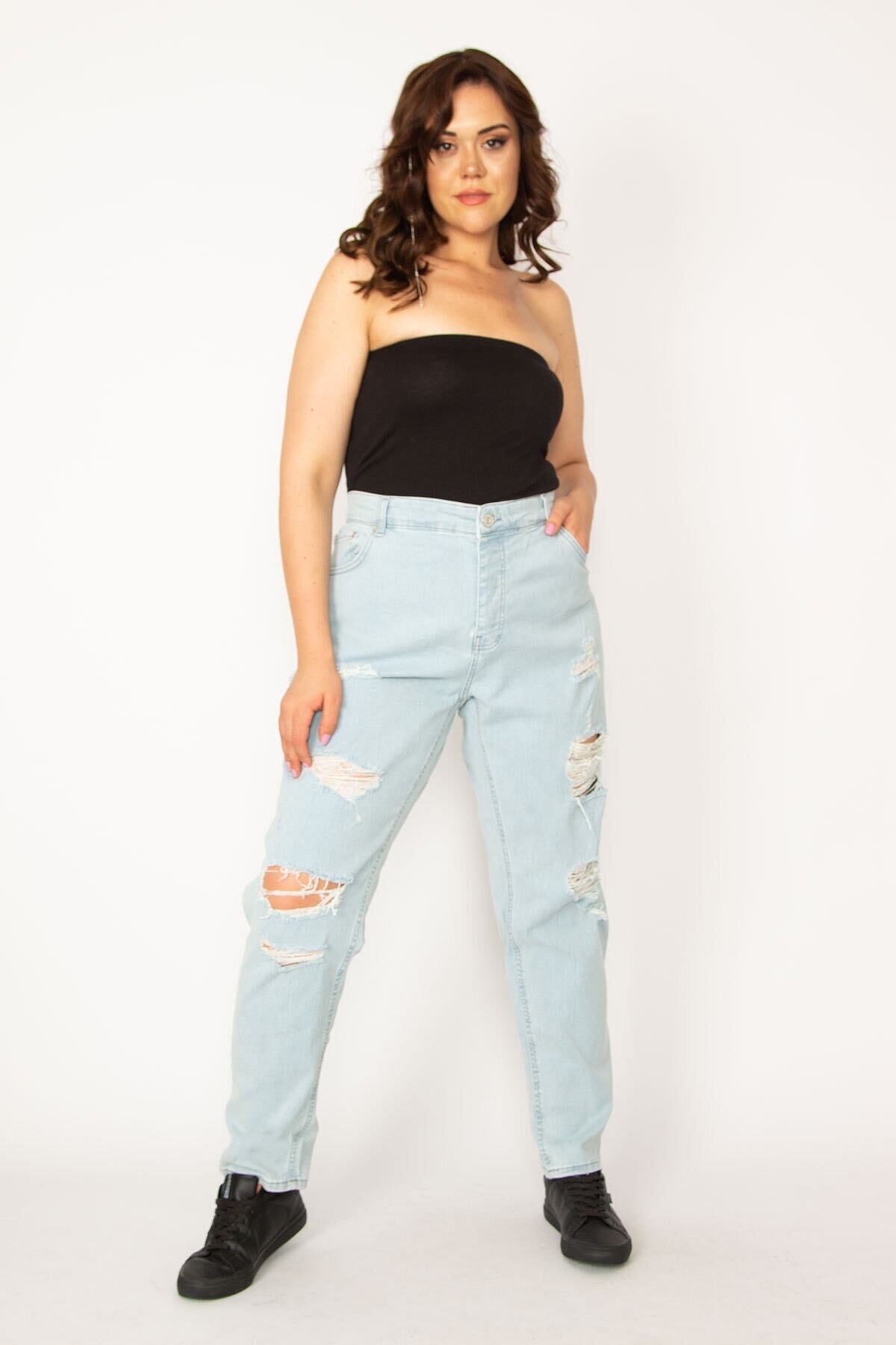 Şans-Γυναικείο μεγάλου μεγέθους Μπλε Washed Effect Ripped Detailed Jeans 65n33945 7