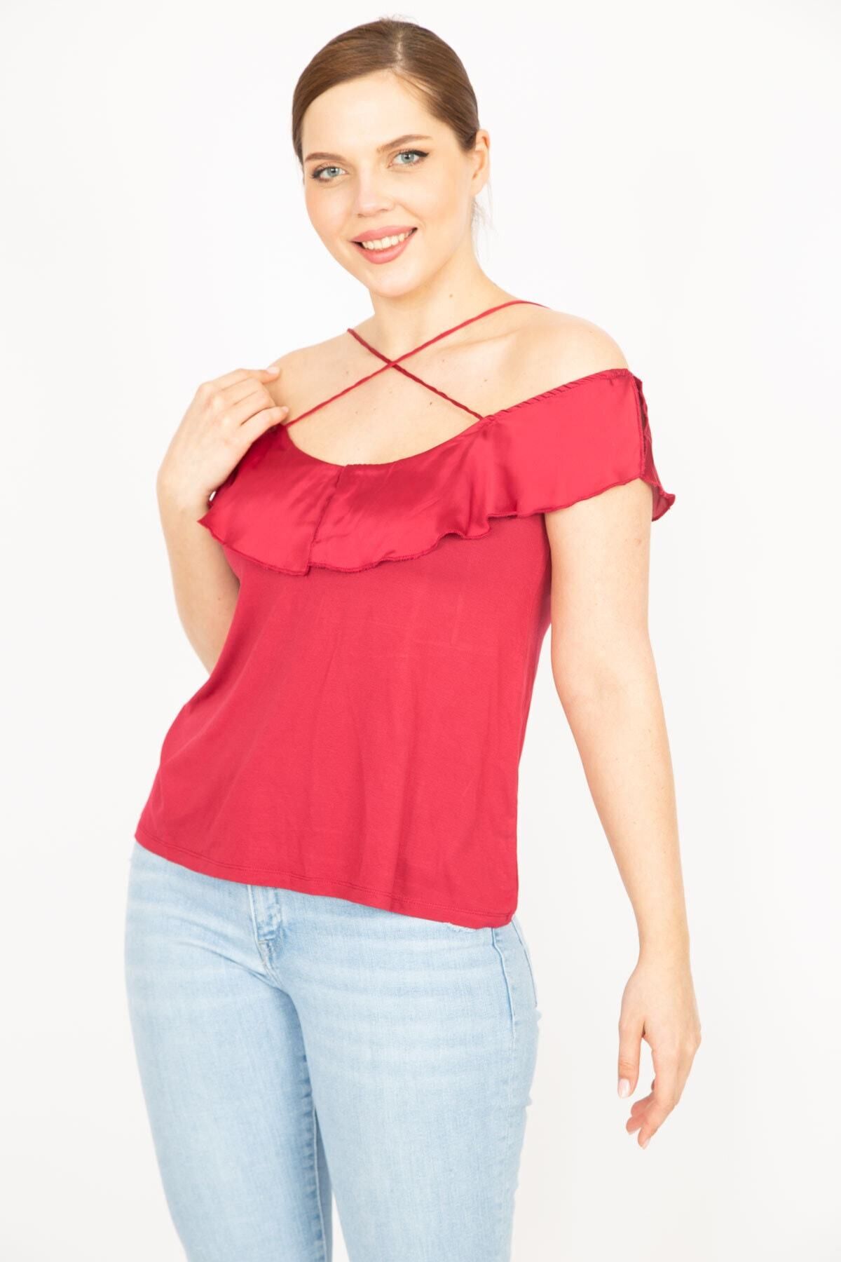 Şans-Women's Claret Red Plus Size Cross Strap Collar Flounce Blouse 65n35919 3