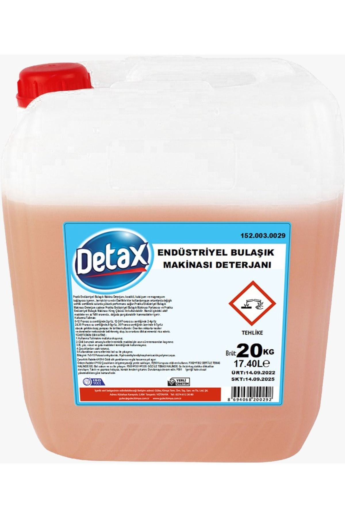 Detax Endüstriyel Bulaşık Makinası Deterjanı (20kg)