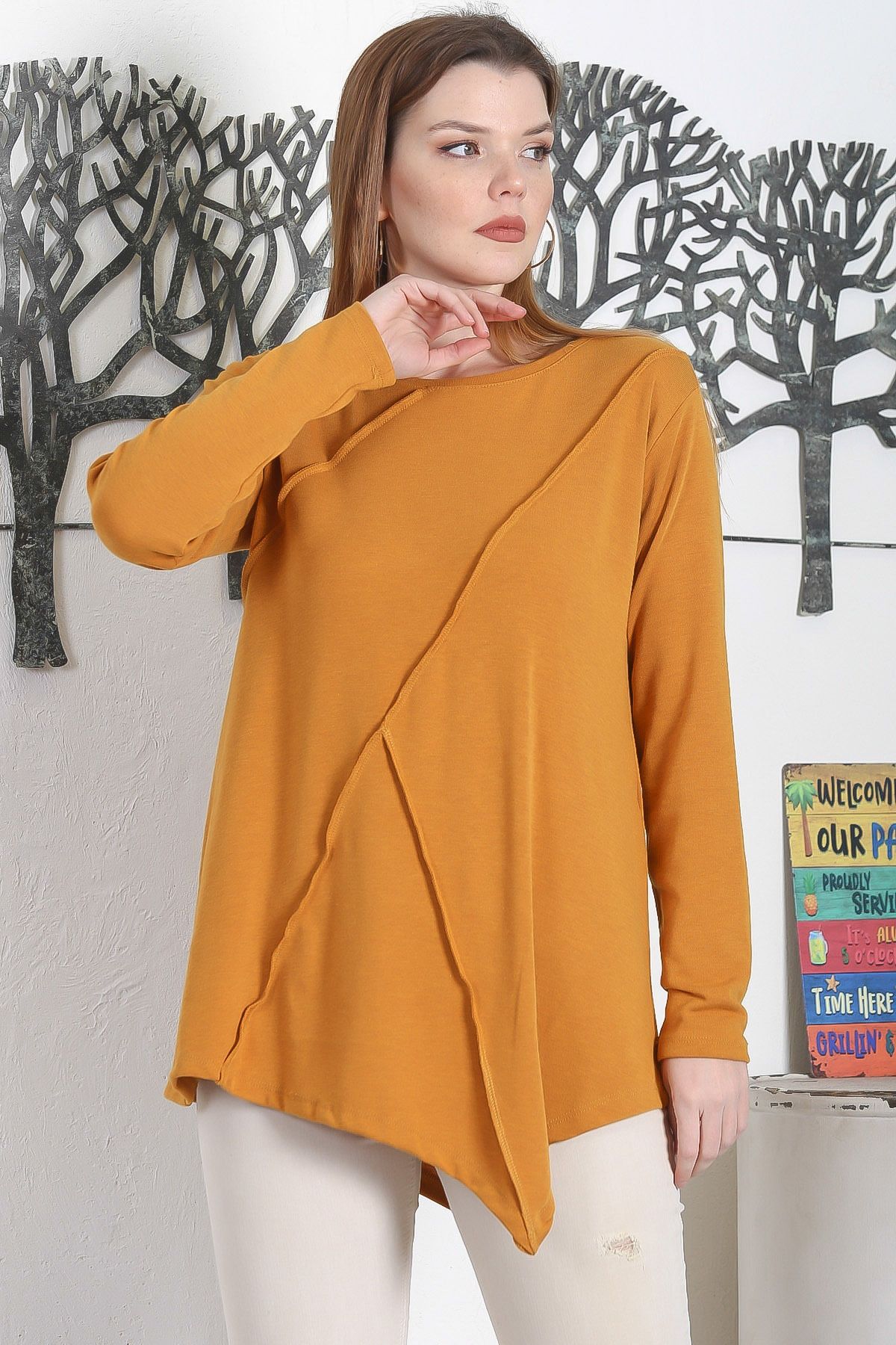 Chiccy-Mustard Color Boat Neck Long Sleeve Casual Asymmetrical Knitted Blouse 3