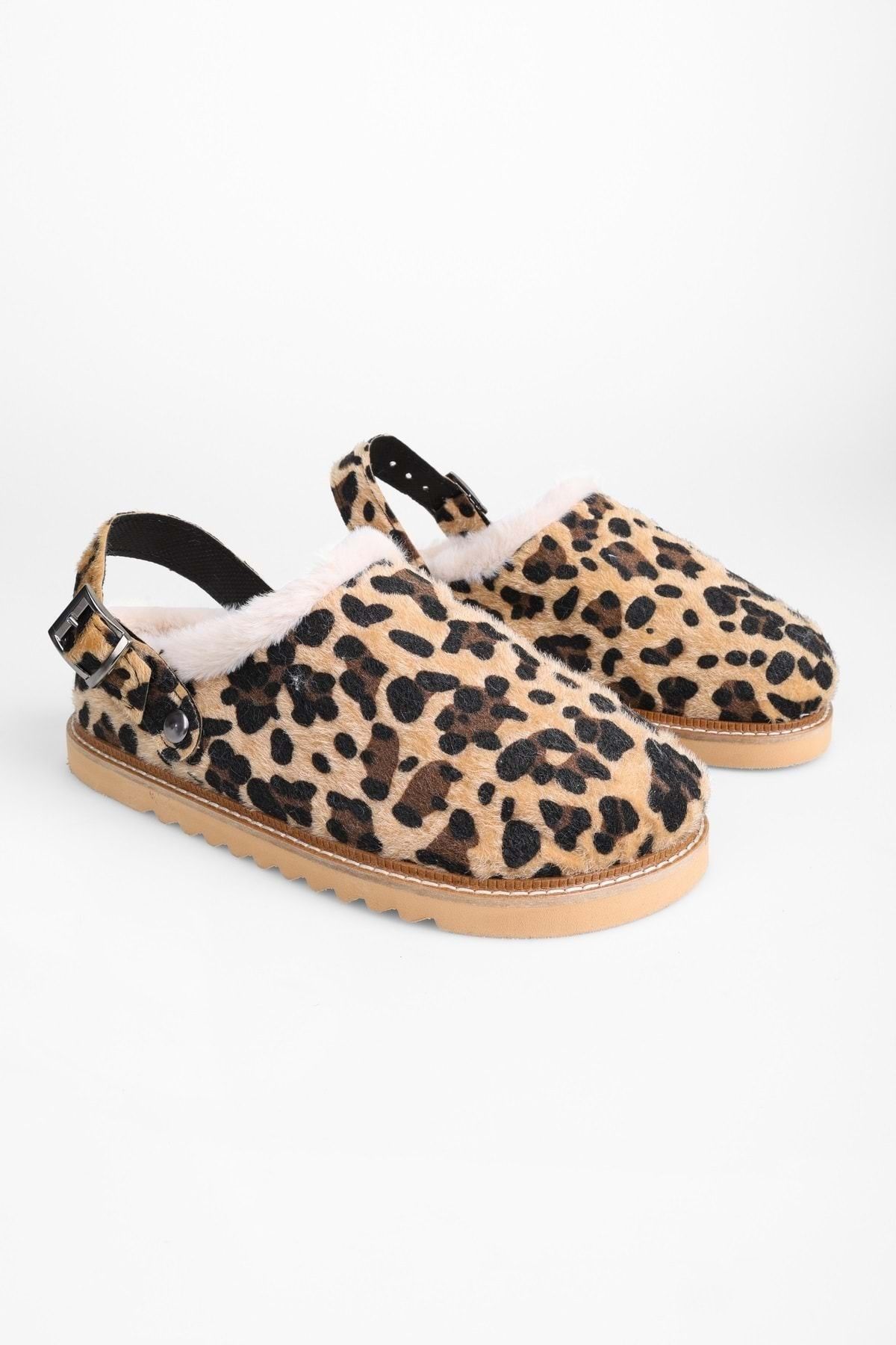 Shoeberry-Women's Saboi Leopard Patterned Suede Flat Slippers with Fur Inside 2