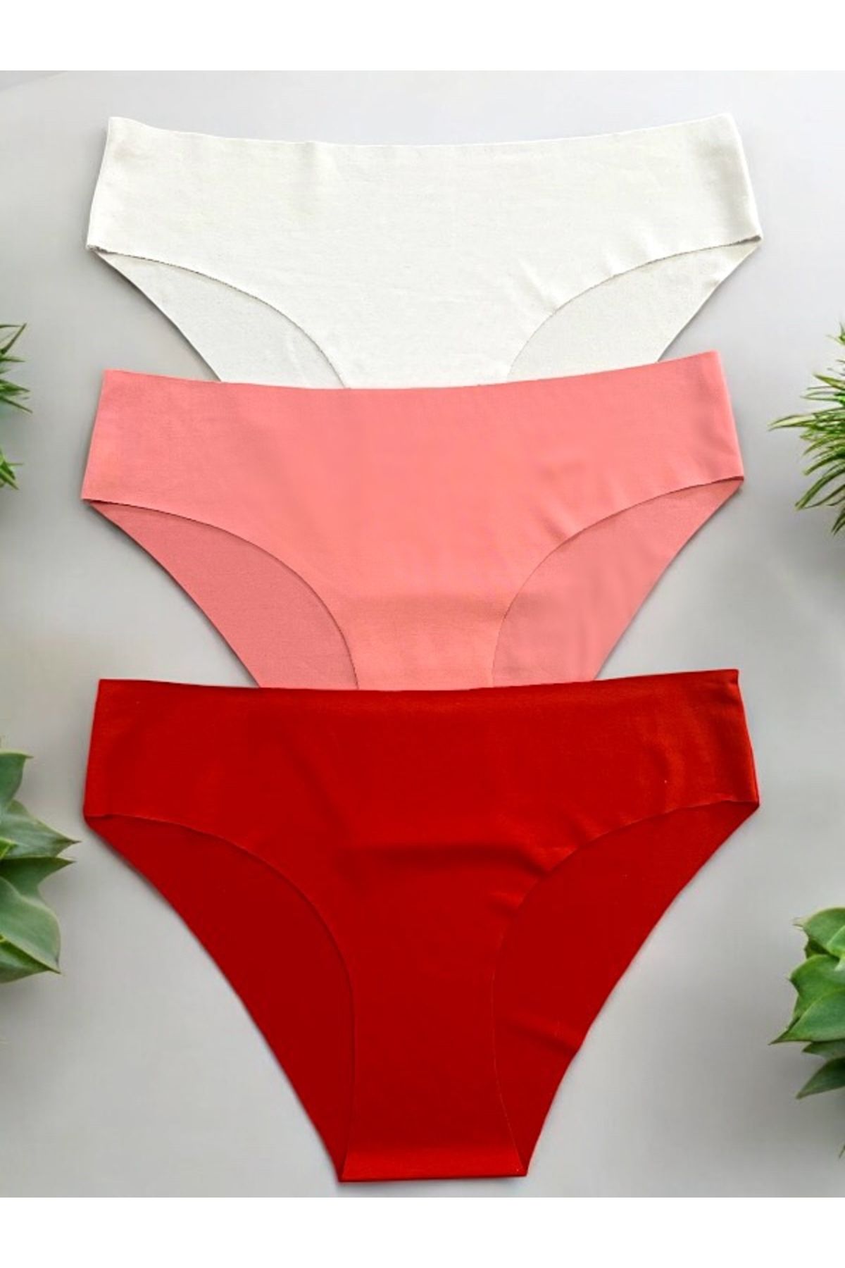 teknotrust Kadın 3'lü Dikişsiz Lazer Kesim Likralı Slip Bikini Külot, Pembe Kırmızı Beyaz