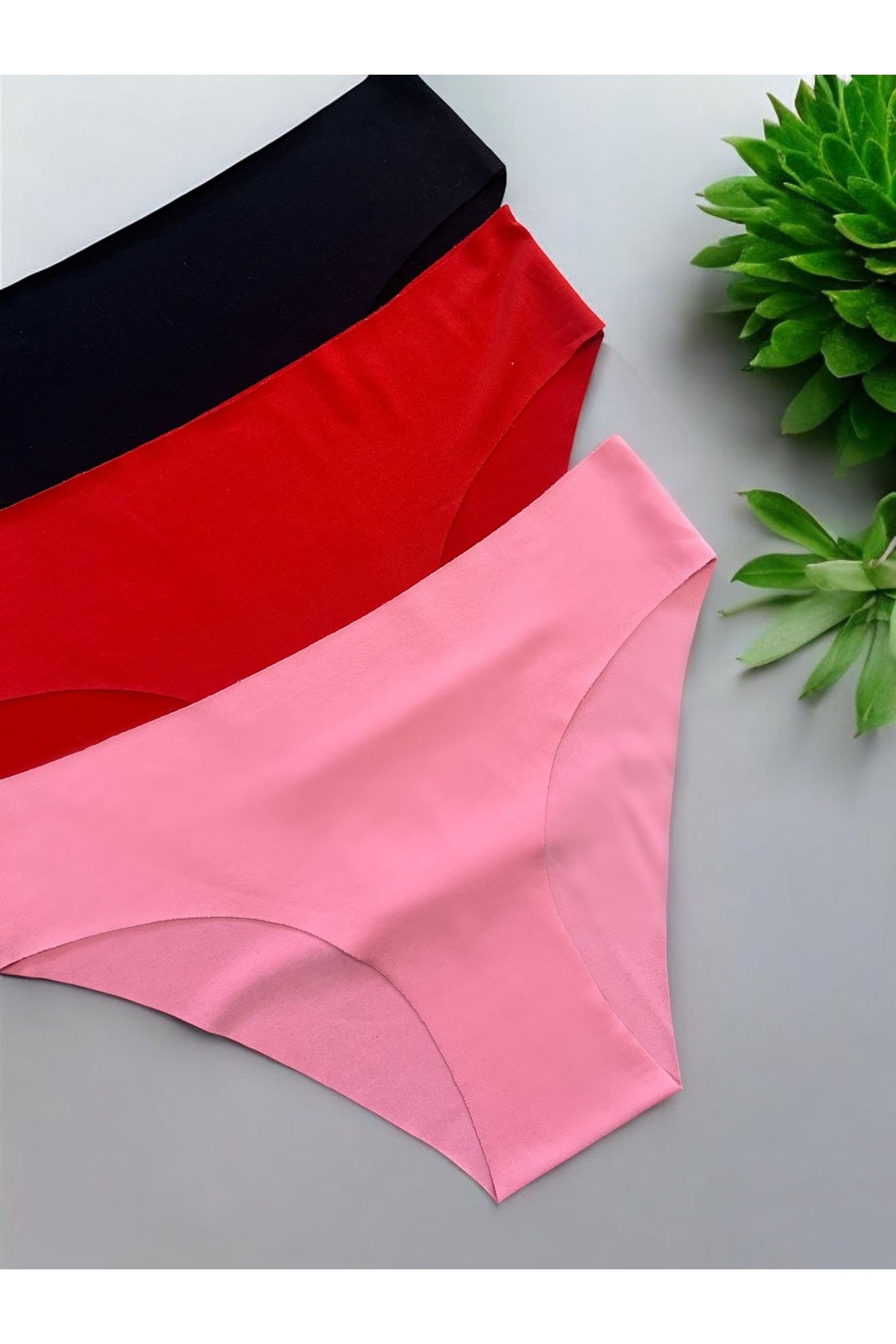 my cherie-Laser Cut Seamless 3-Piece Set - Lycra Pink Red Black Slip Bikini Panties 5