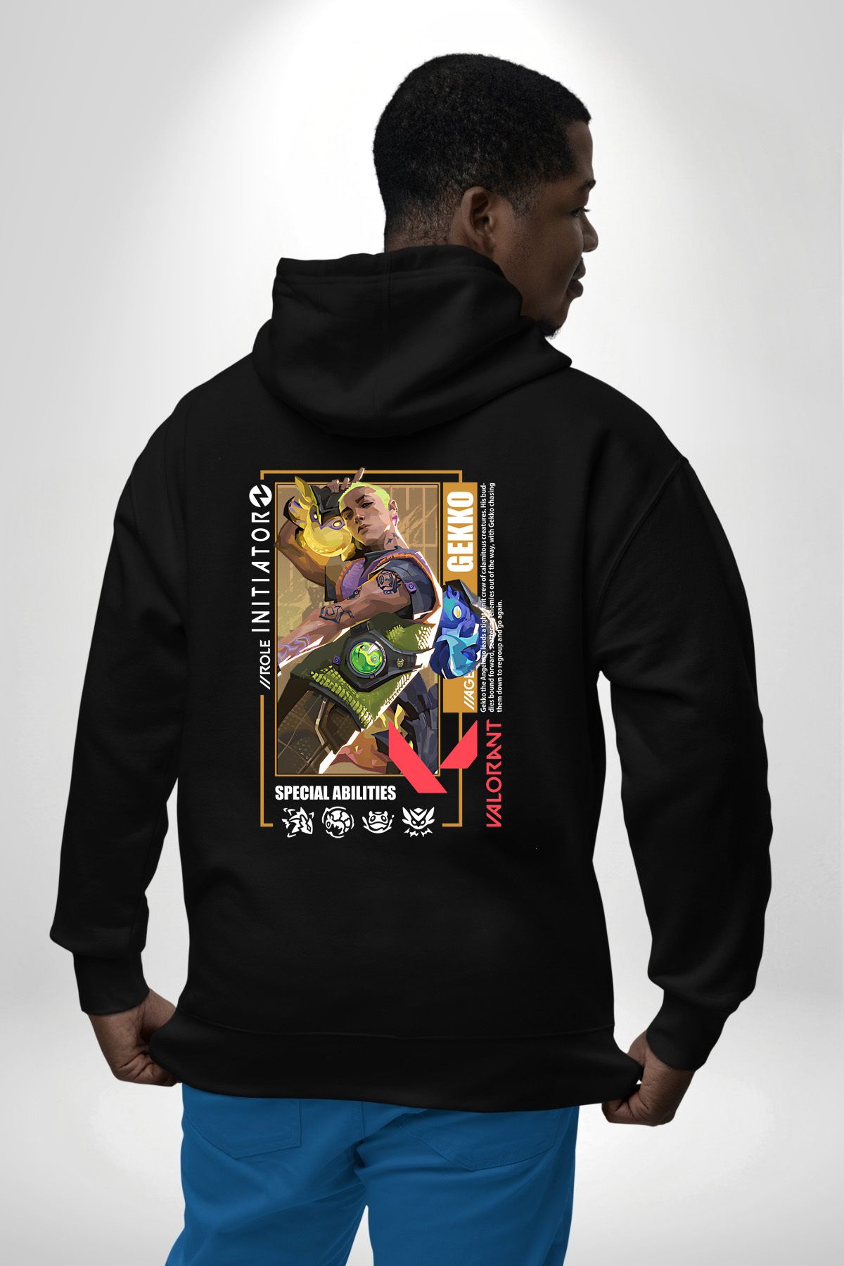 Angemiel-Valorant Gekko Agent Game Character Features Black Hooded Pocket Back Printed Sweatshirt Unisex 6