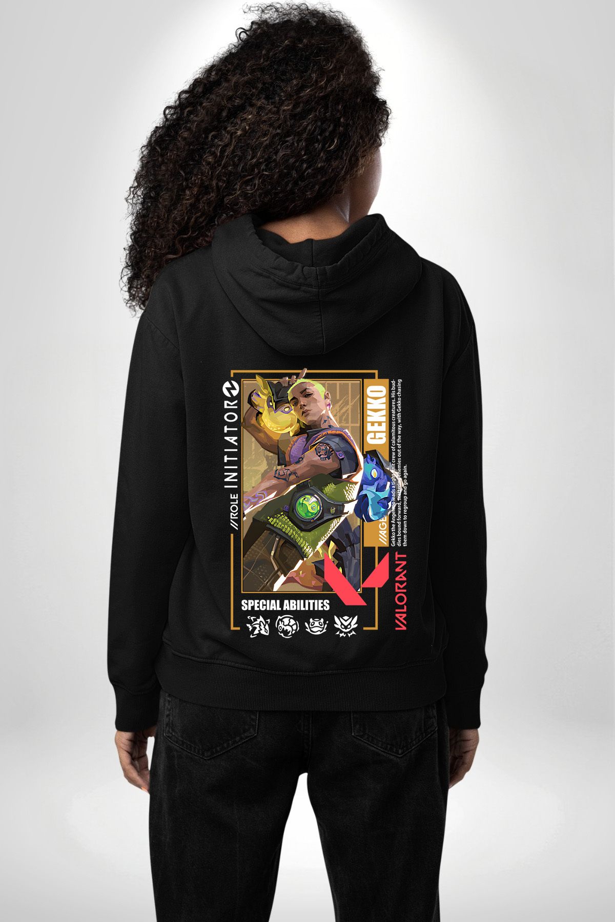 Angemiel-Valorant Gekko Agent Game Character Features Black Hooded Pocket Back Printed Sweatshirt Unisex 7