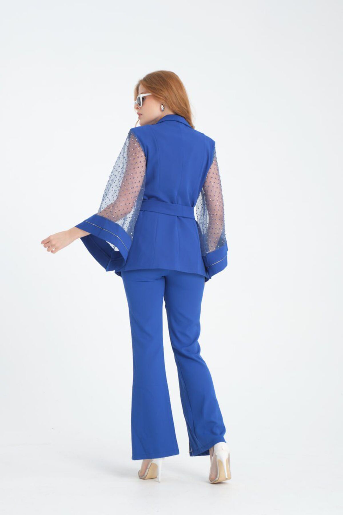 Zera-Luxury Blue Sleeve Detailed Waist Tie Jacket 2