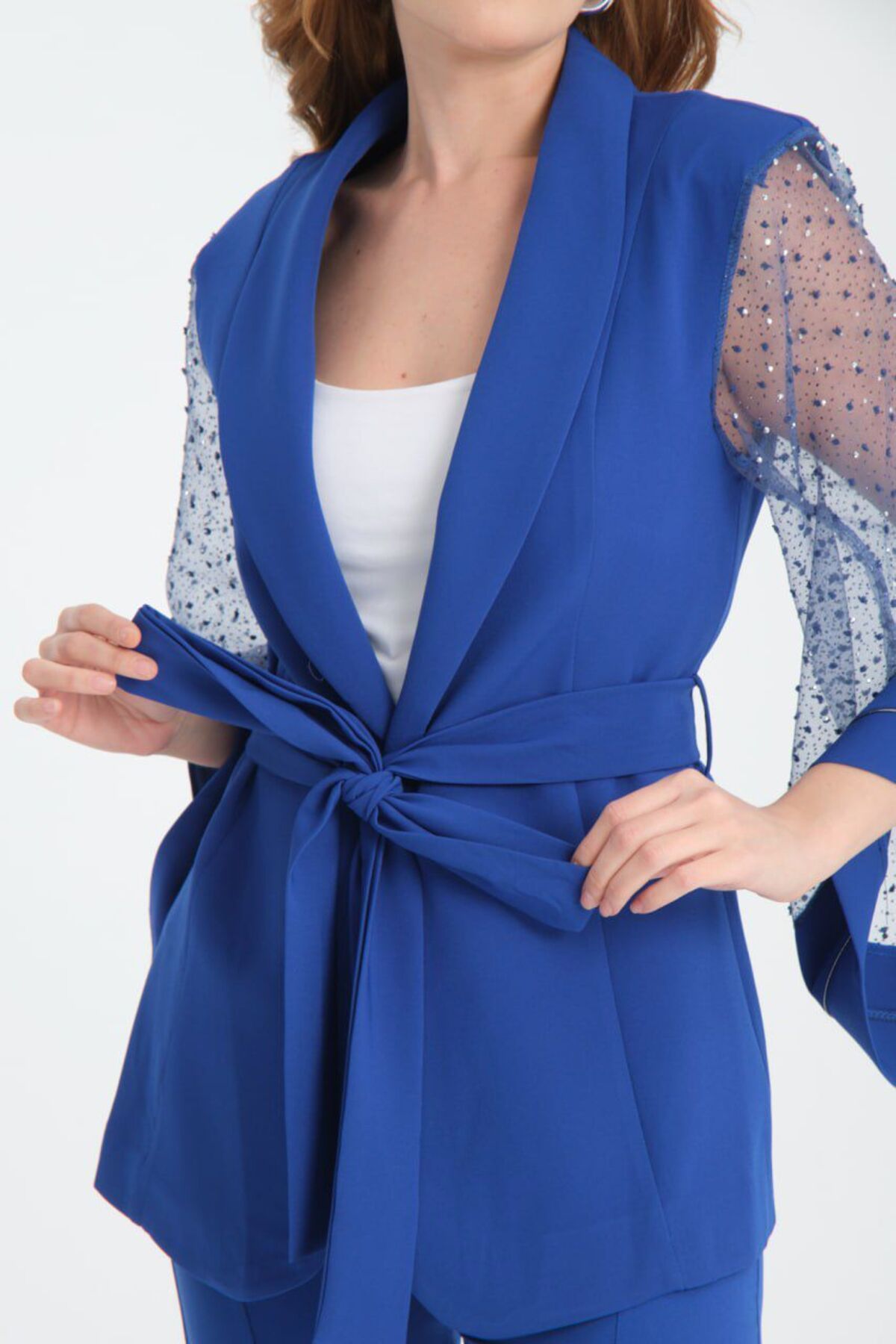 Zera-Luxury Blue Sleeve Detailed Waist Tie Jacket 3