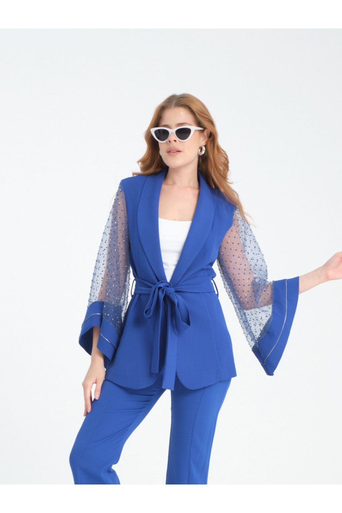 Zera-Luxury Blue Sleeve Detailed Waist Tie Jacket 1