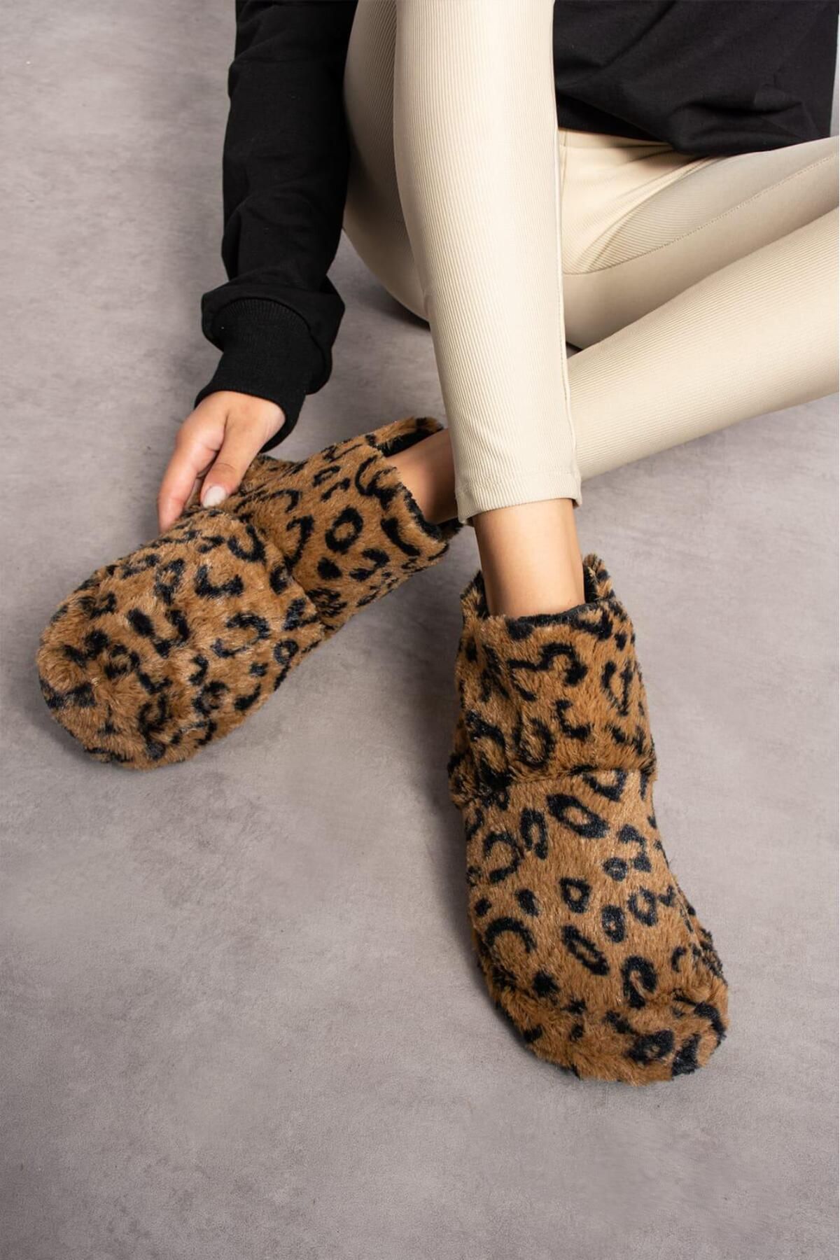 Behtah Kundura-Leopard Patterned Women's Shoes - Wool, Thick Light Sole Home Boots 1