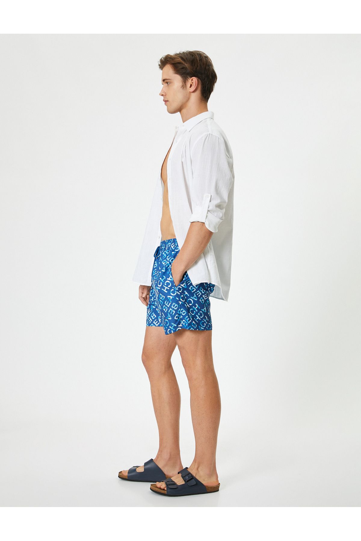 Koton-Pocketed and Tie-Up Waist Patterned Short Swim Shorts - Comfortable Fit with Mesh Lining 2