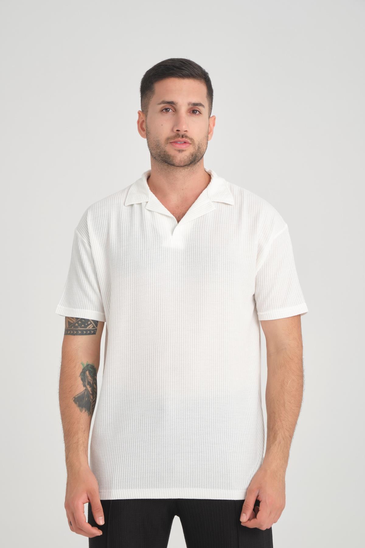 Valiberta-White Premium V-Neck Oversize Ribbed T-shirt 1