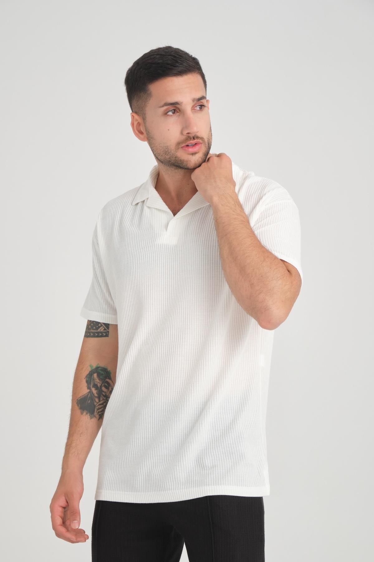 Valiberta-White Premium V-Neck Oversize Ribbed T-shirt 5