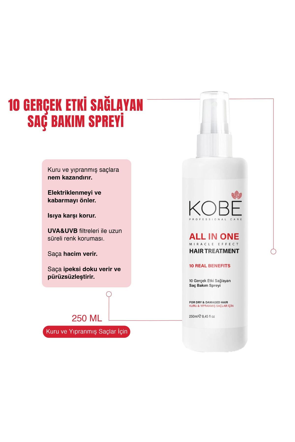 KOBE Kuru Ve Yıpranmış Saçlar Için Onarım, Isı Koruyucu All In One Saç Spreyi 250 ml 8684091008699