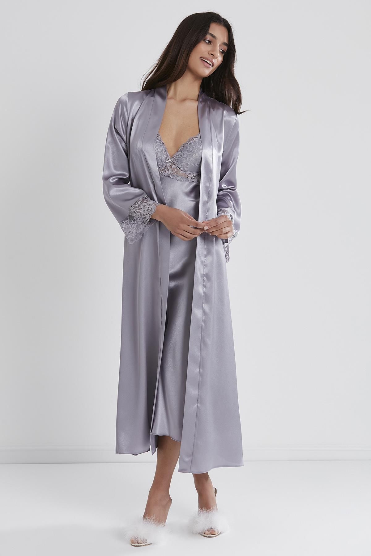 Pierre Cardin-Satin Lace Nightgown and Dressing Gown Set - 4370 2