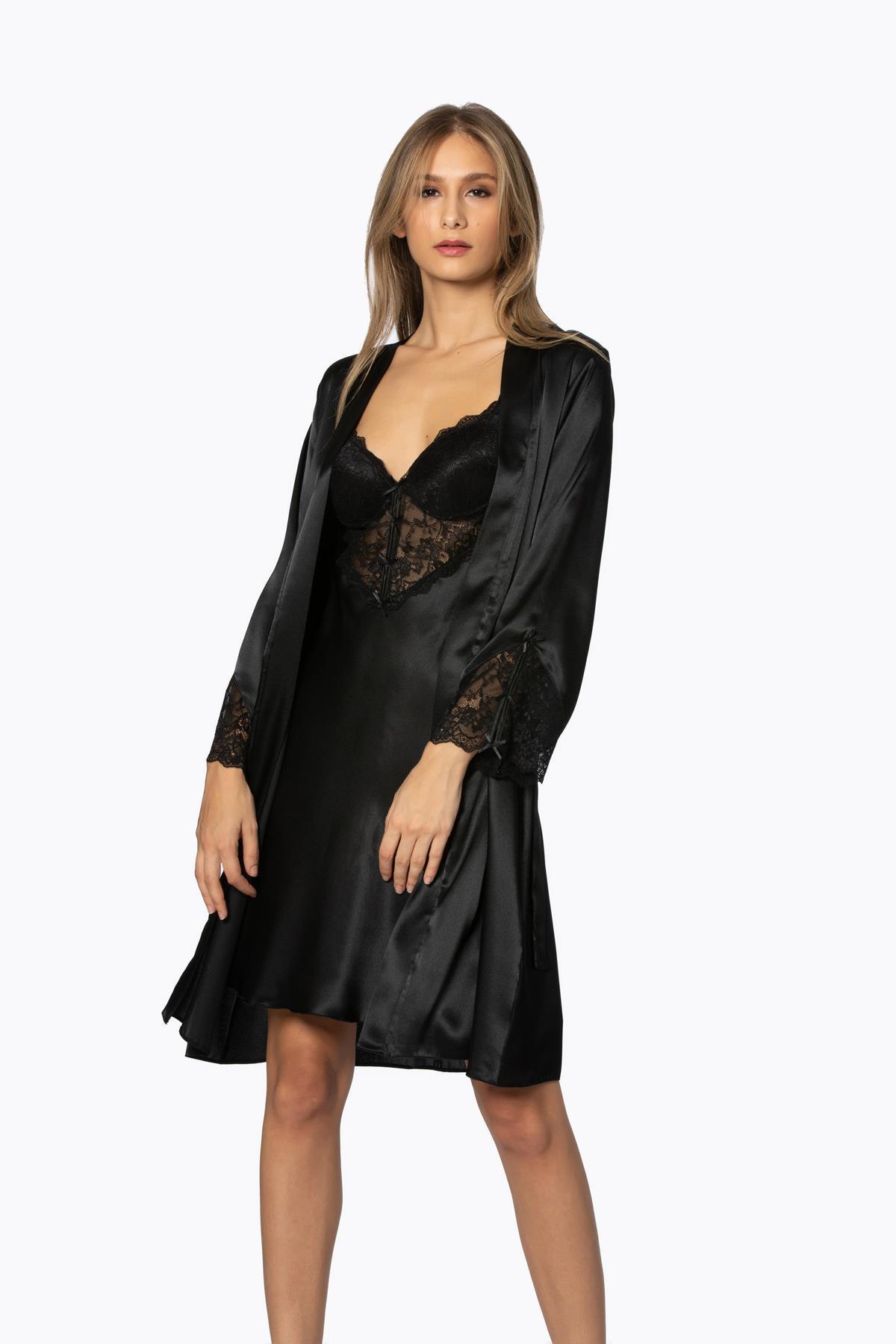 Pierre Cardin Saten Dantelli Kadın Gecelik Ve Sabahlık Takımı - 4300 Siyah