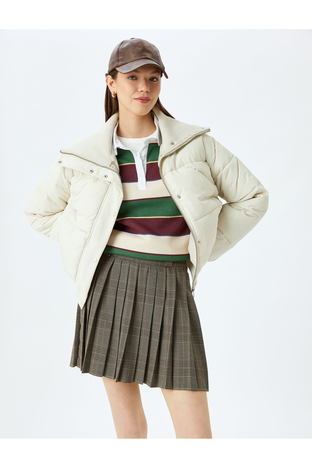 Koton-Stand Collar Ribbed Zippered Puffer Jacket with Snap Button Pockets 2