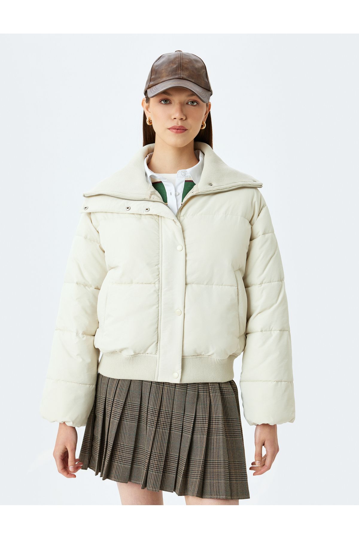 Koton-Stand Collar Ribbed Zippered Puffer Jacket with Snap Button Pockets 3
