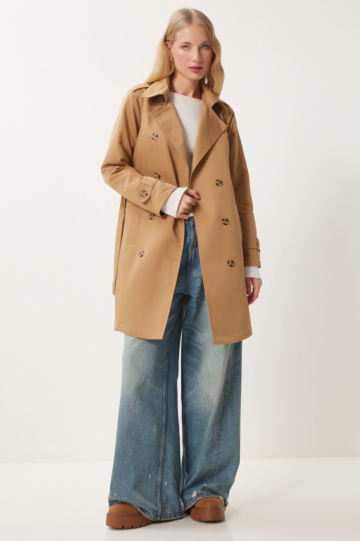 Happiness İstanbul-Trenci sezonier pentru damă, Camel, cu guler dublu, cu brâu DD01345 7