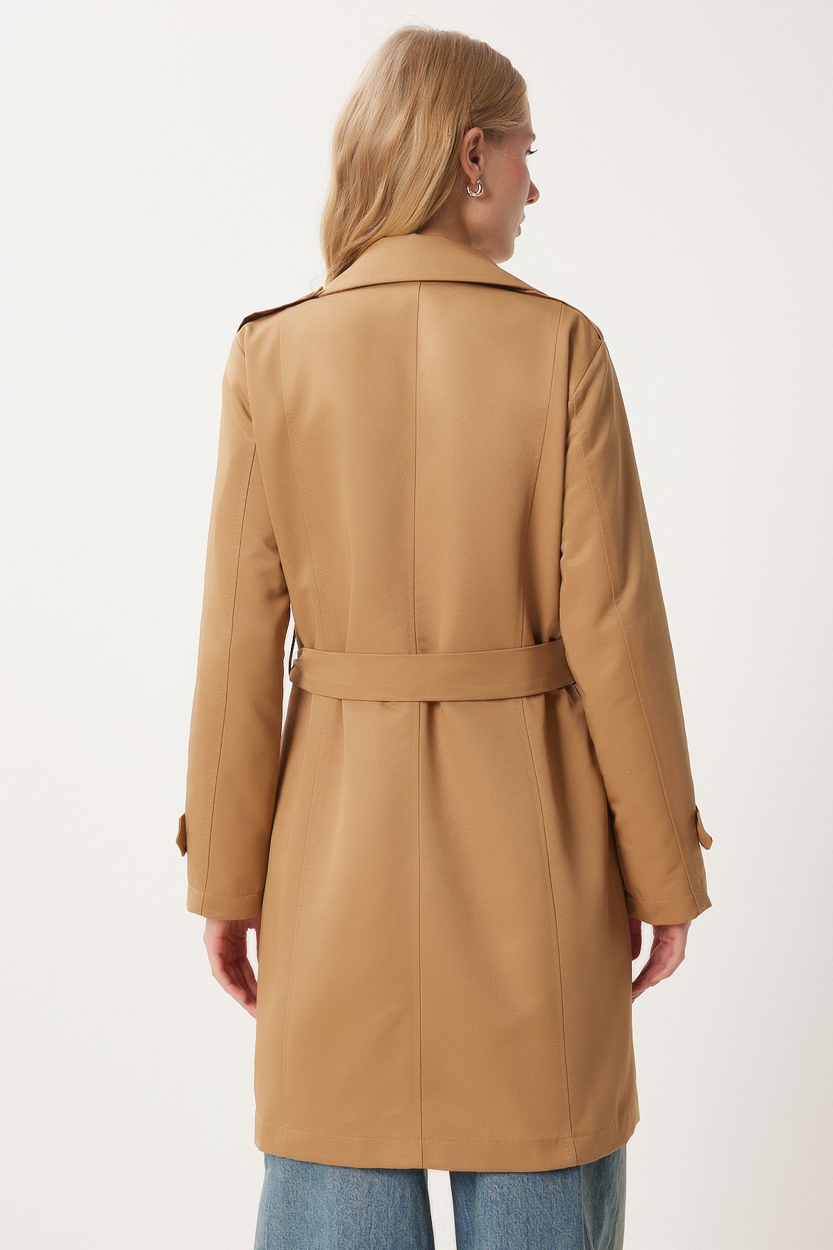 Happiness İstanbul-Trenci sezonier pentru damă, Camel, cu guler dublu, cu brâu DD01345 12