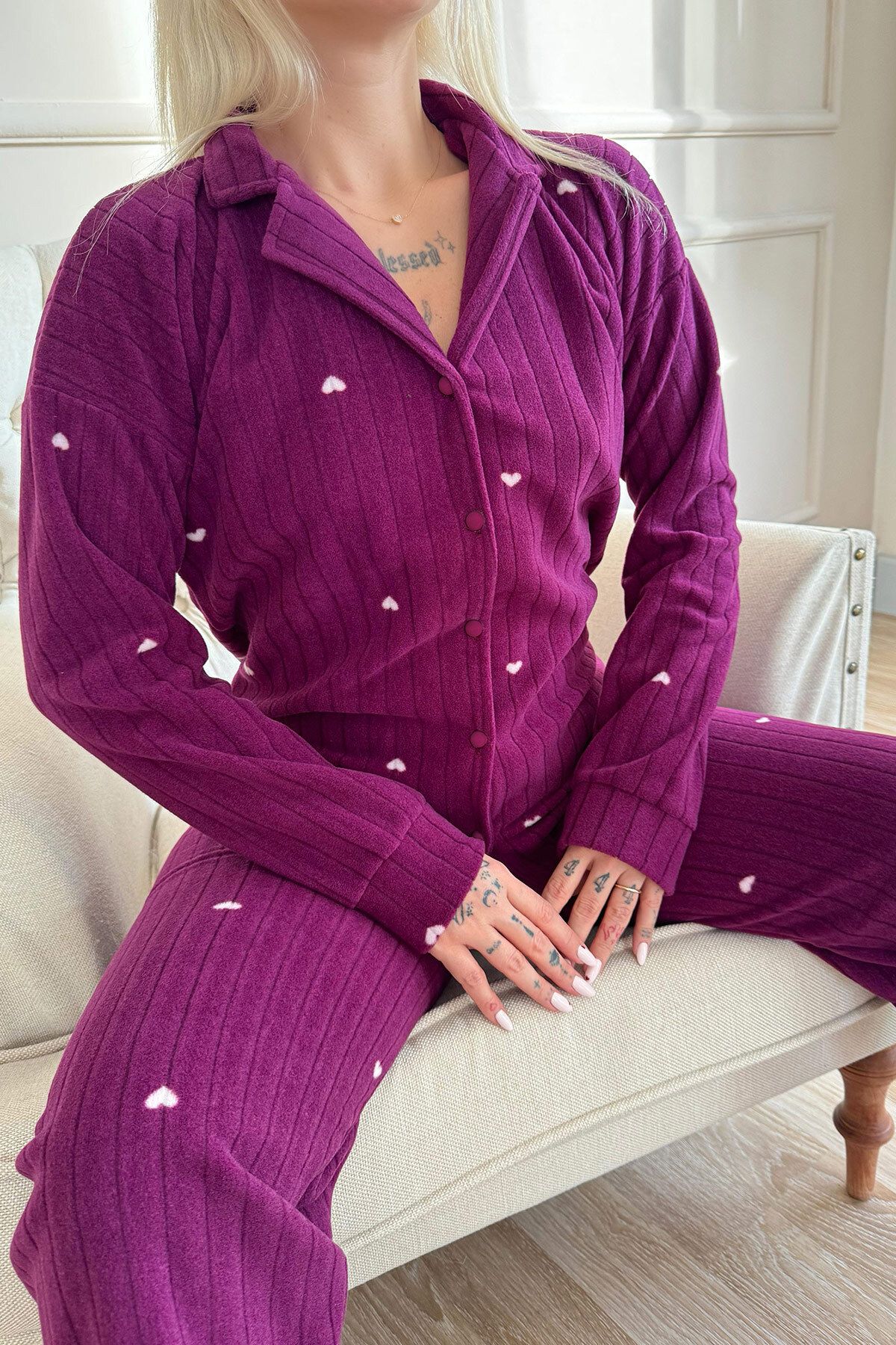 Pijamaevi-Plum Jantung Patterned Front Buttoned Plush Fleece Pajama Set 5