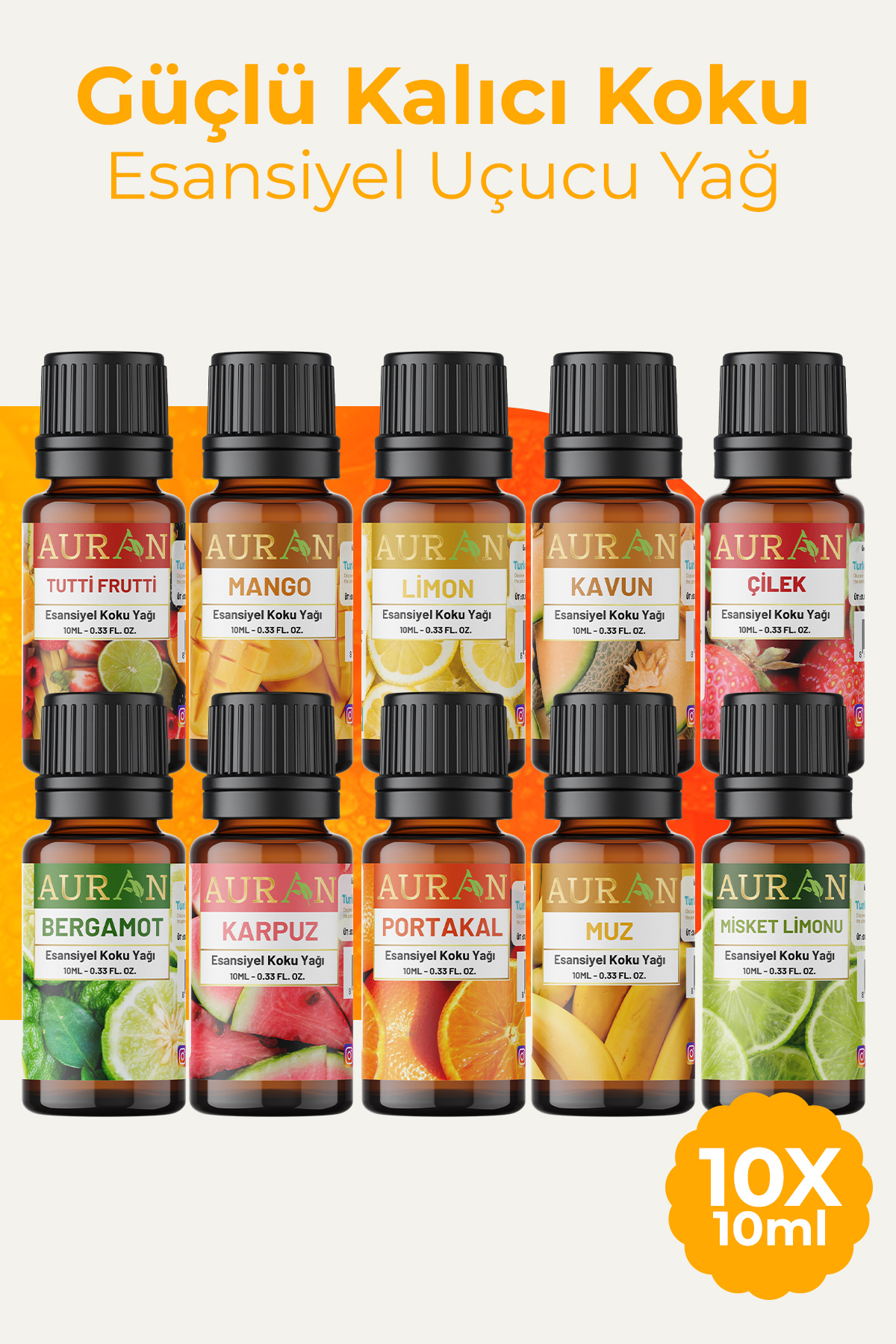 AURAN Meyveler 10'lu Set Saf Esansiyel Uçucu Yağ Buhurdanlık Yağı Buhar Makinesi Esansı Aroma 10x 10 ml