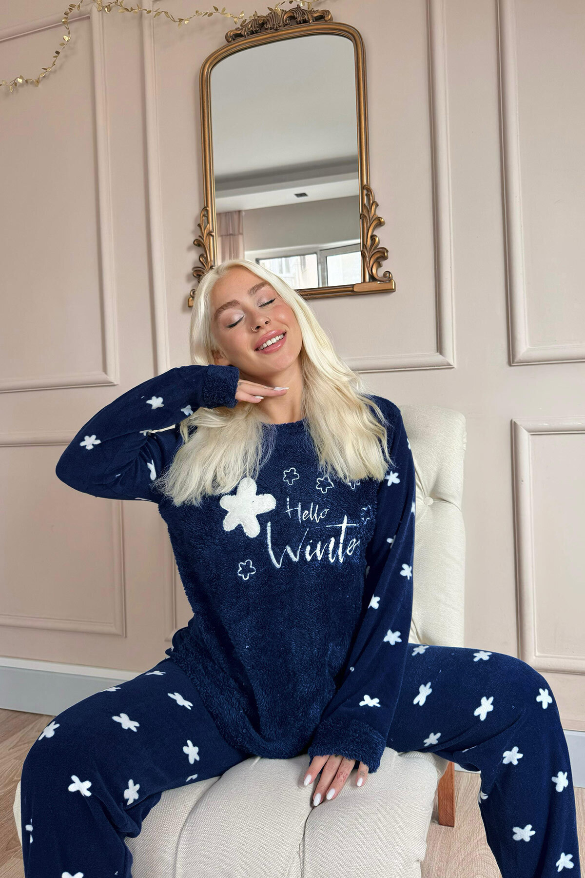 Pijamaevi-Set de pijamale de pluș pentru femei, albastru bleumarin, cu model Hello Winter 2