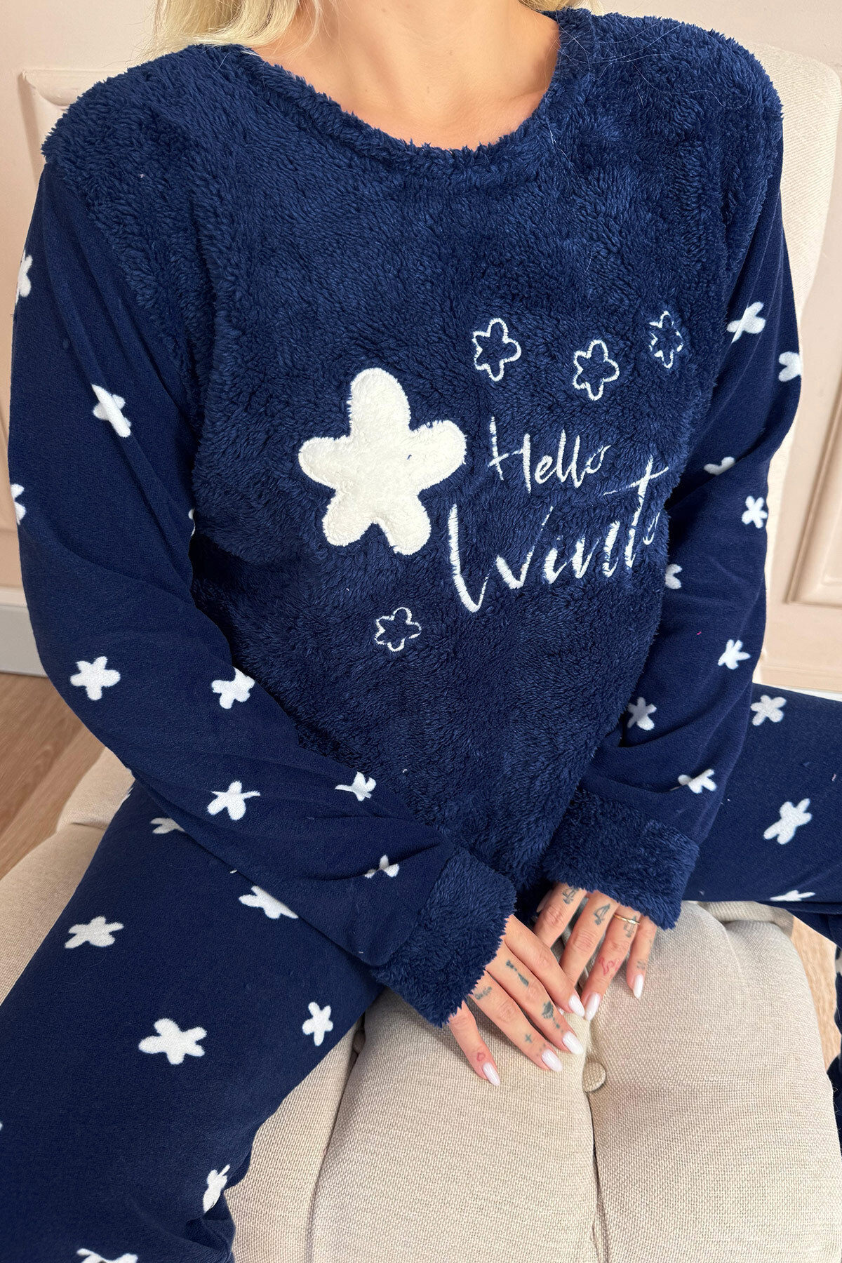 Pijamaevi-Set de pijamale de pluș pentru femei, albastru bleumarin, cu model Hello Winter 5