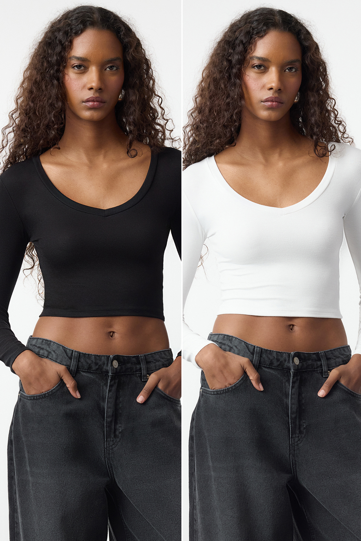 Trendyolmilla Siyah-Ekru 2'li Paket Fitted/Vücuda Oturan Örme Bluz TWOAW25BZ00306
