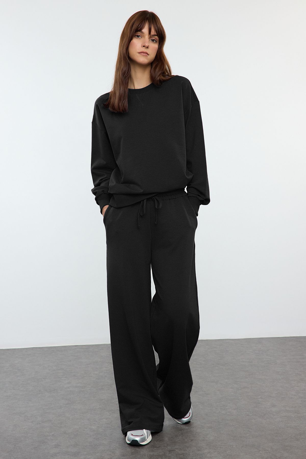 Trendyol Collection Set De Hanorac Și Pantaloni De Trening Damă Cu Picioare Largi, Confortabile, Tricotate, Negre - Femeie - L