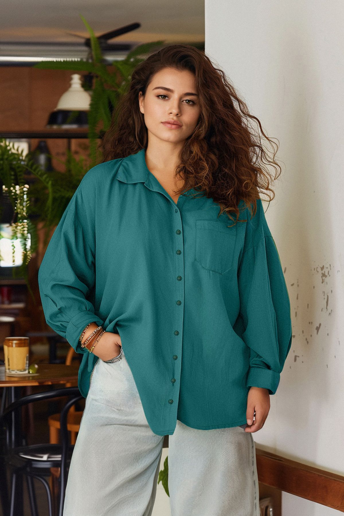 Trendyol Curve Ciemnozielona Koszula Boyfriend Woven Kobieta - 42