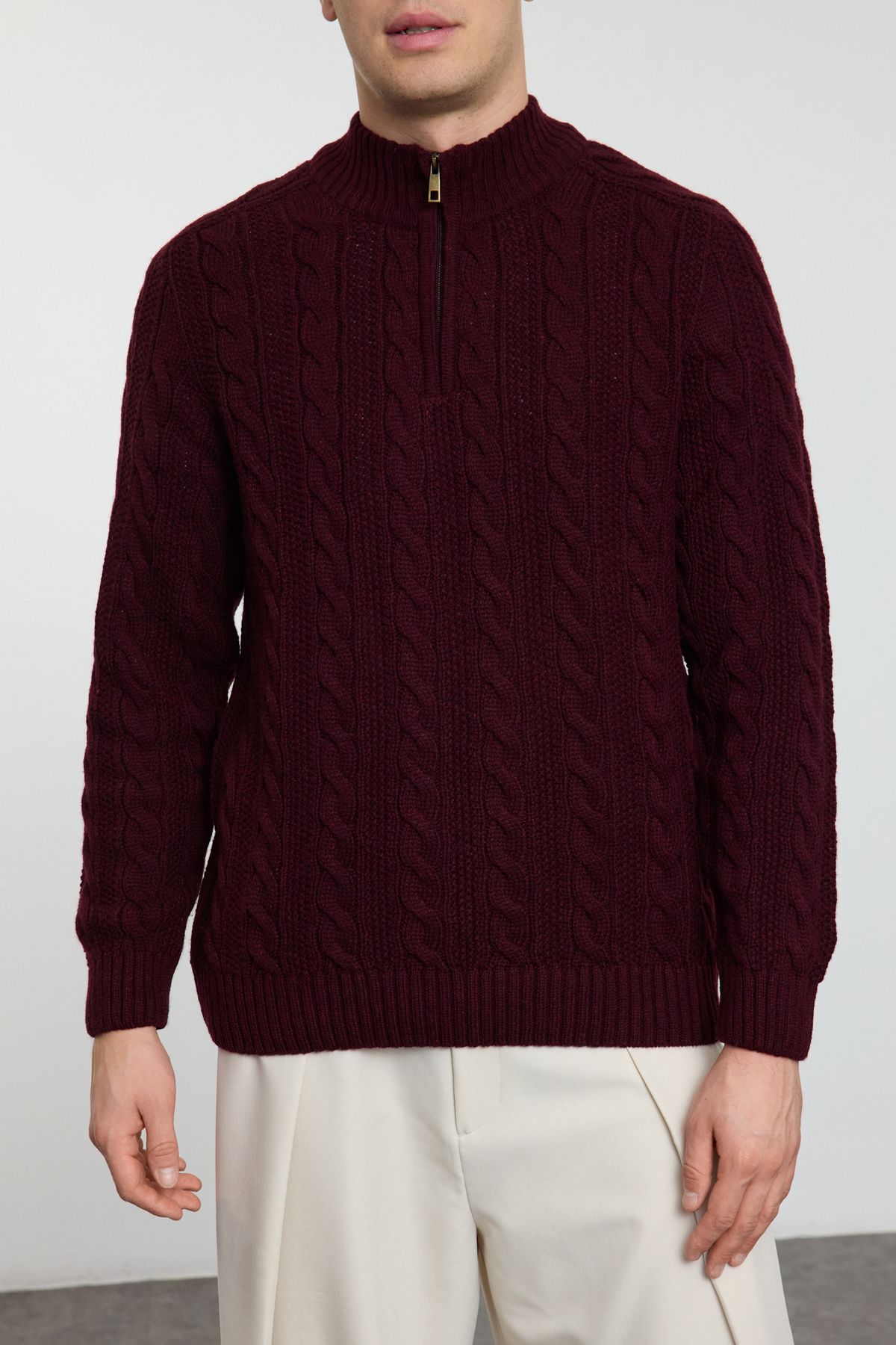 Trendyol Collection-Unisex-Strickpullover aus burgunderrotem Haar – halber Rollkragenpullover mit Reißverschluss TMNAW21KZ0737 3
